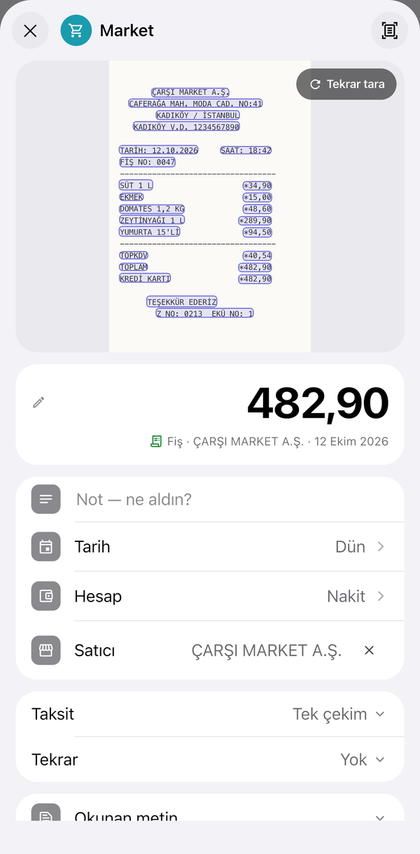 Taranan market fişi: toplam 482,90 lira, satıcı ve tarih okunmuş, okunan satırlar fişin üstünde işaretli